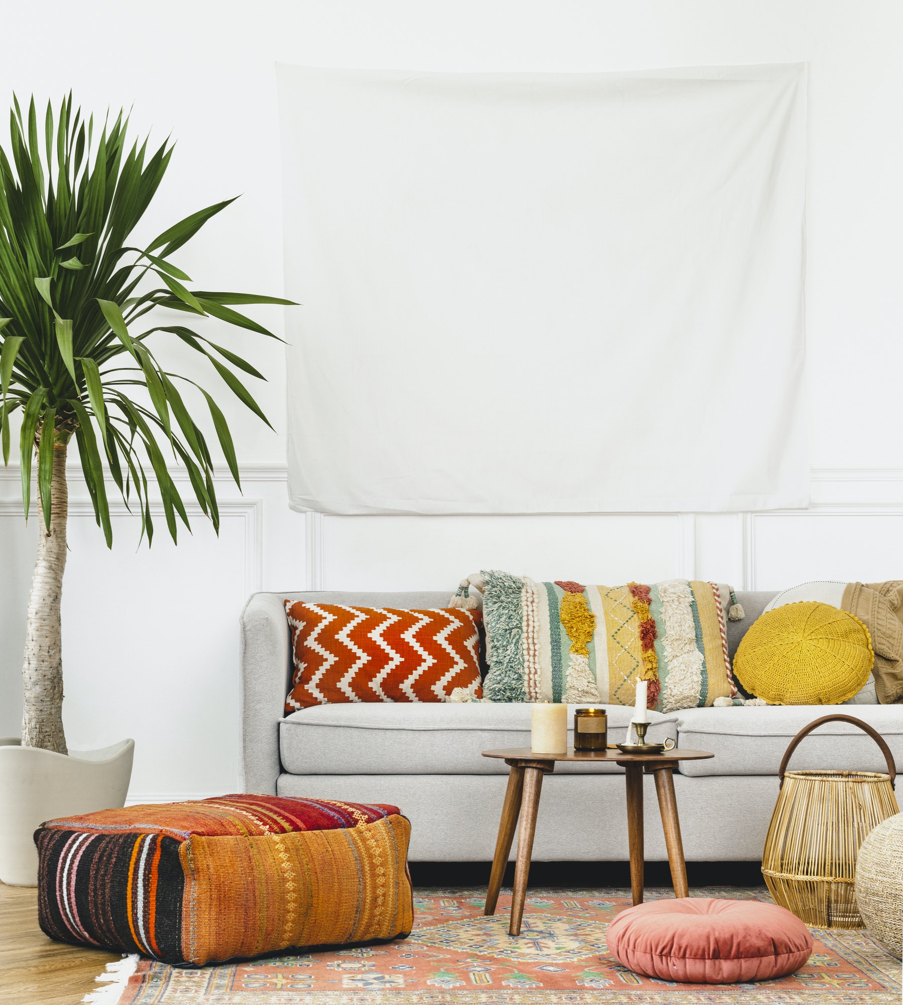 Tapestry wall in a bohemian living room